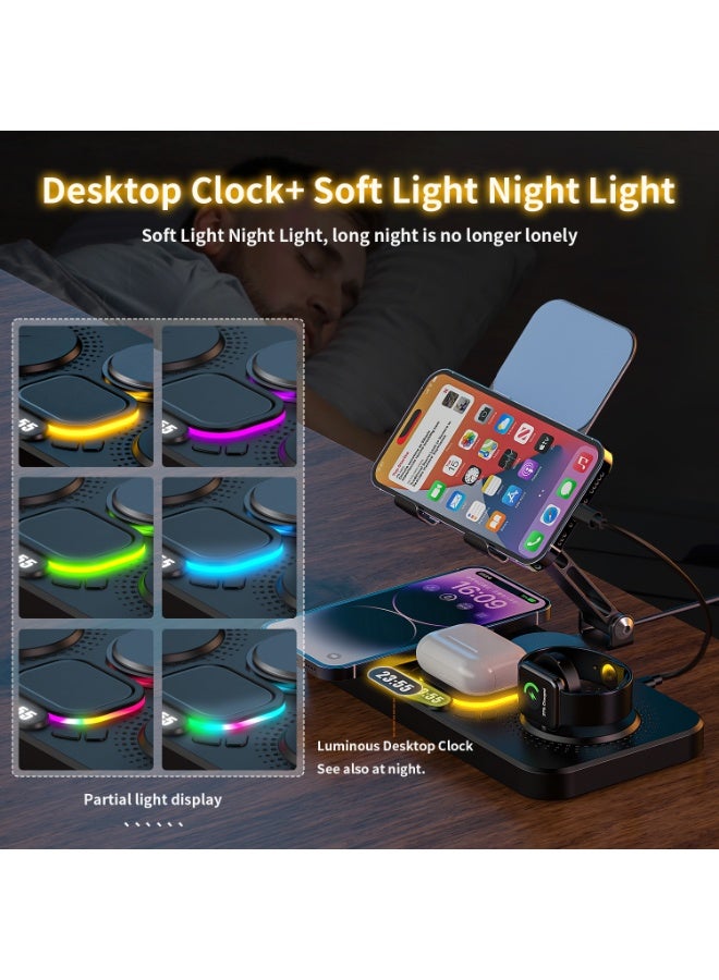 LBMT شاحن لاسلكي 6 في 1 لجهاز آبل، محطة شحن قابلة للطي مع شاشة ساعة وإضاءة محيطية بـ 7 ألوان، شاحن حامل لاسلكي لسلسلة iWatch/iPhone 16/15/14/AirPods 4/3 (أسود) - Image 2